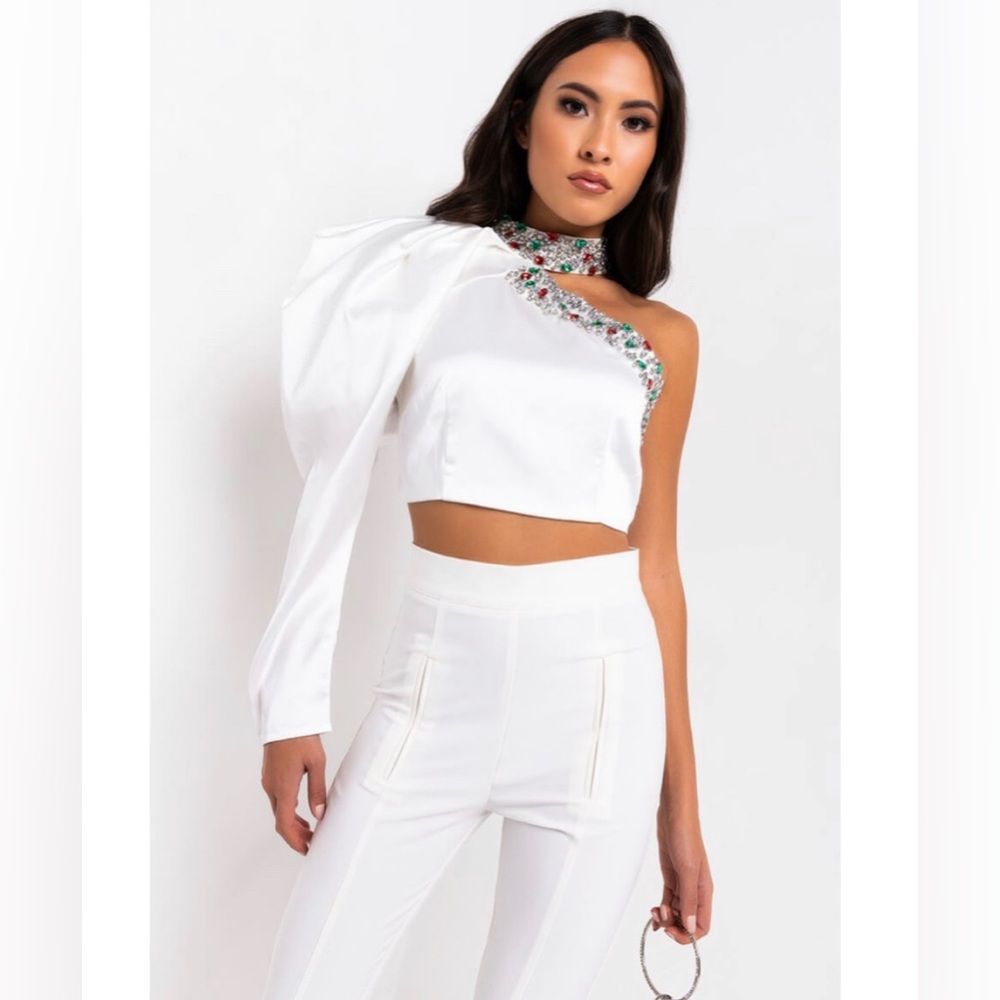 AKIRA White One Shoulder Dress with Jewel Accents